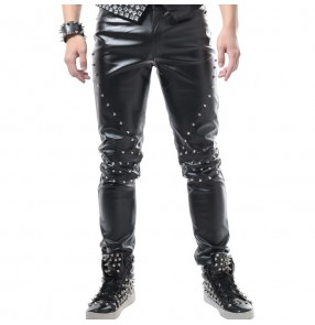 Black casual leisure leather fashion European American Rivet men's mans male performance modern dance jazz hip hop punk rock  pole dance club bar dancewear trousers long pants